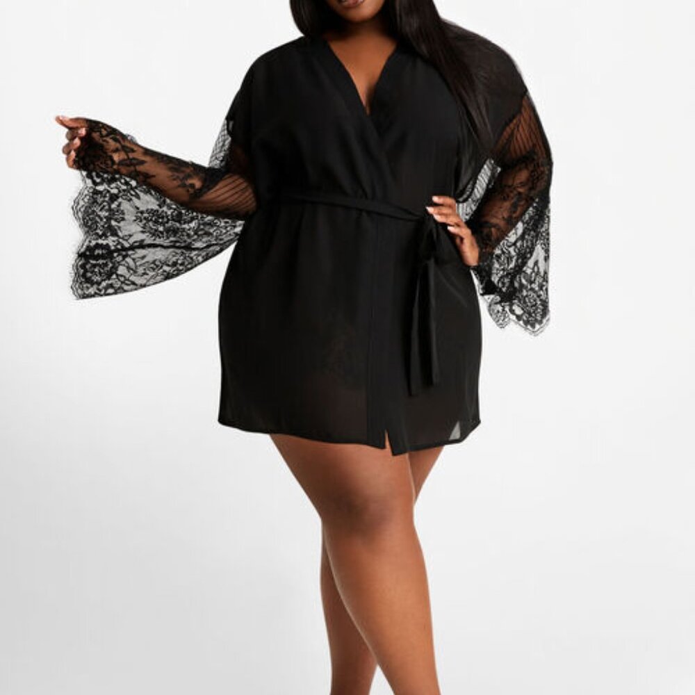 NWT Ashley Stewart Black Lace & Chiffon Kimono Robe Size 3X